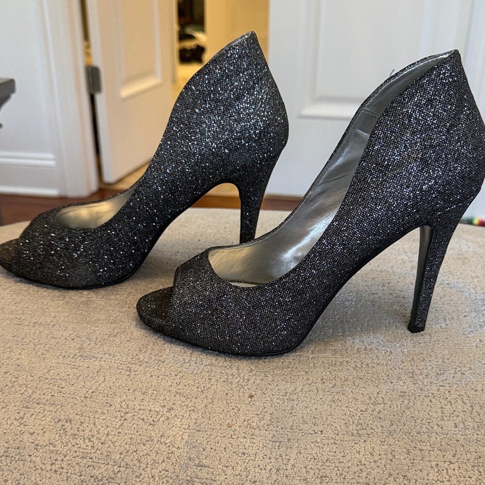 Caparros Glitter Peep Toe Heels Black Gray Stiletto Party Pumps